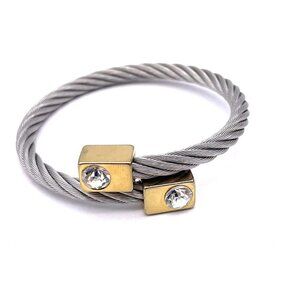 Twisted Cube Charm Cuff Cable Wire Rhinestone Crystal Bracelet Silver Gold Tone